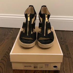 Michael Kors Damita Wedge Sandals Black Canvas Size 9.5